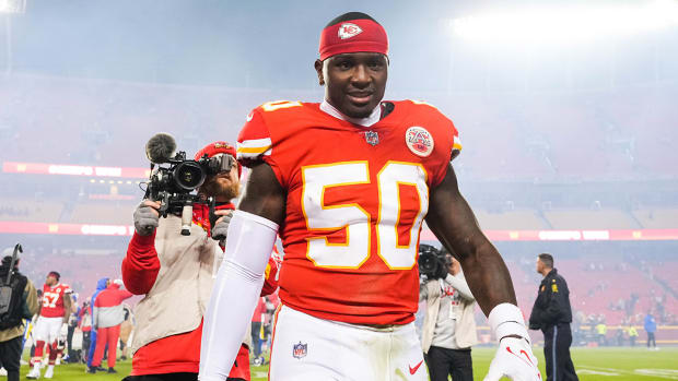 Chiefs linebacker Willie Gay (50) leaves the field after defeating the Rams at GEHA Field at Arrowhead Stadium.